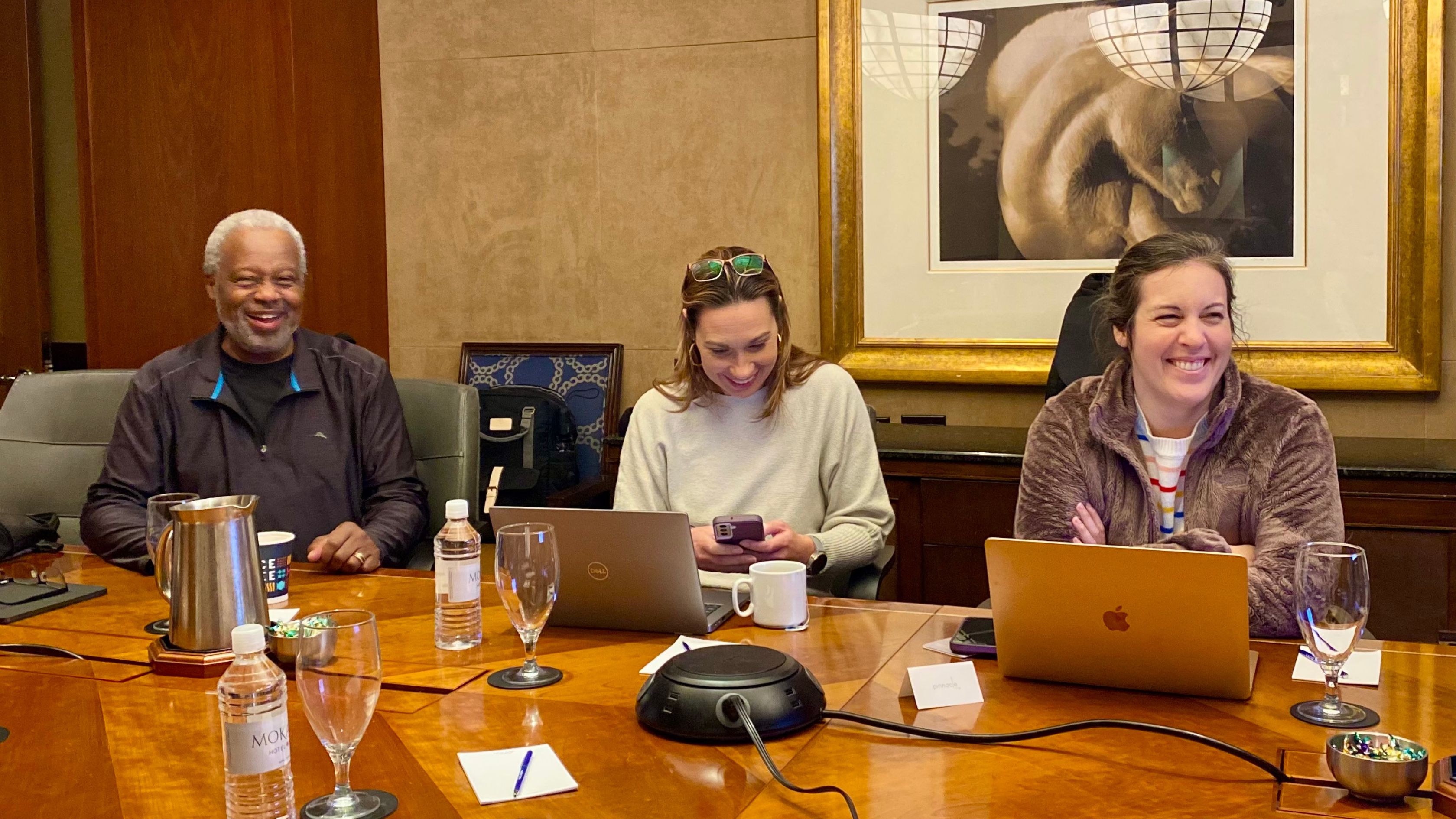 Sally Hall (right) smiles at the Advisory Board meeting in Houston in 2023. 