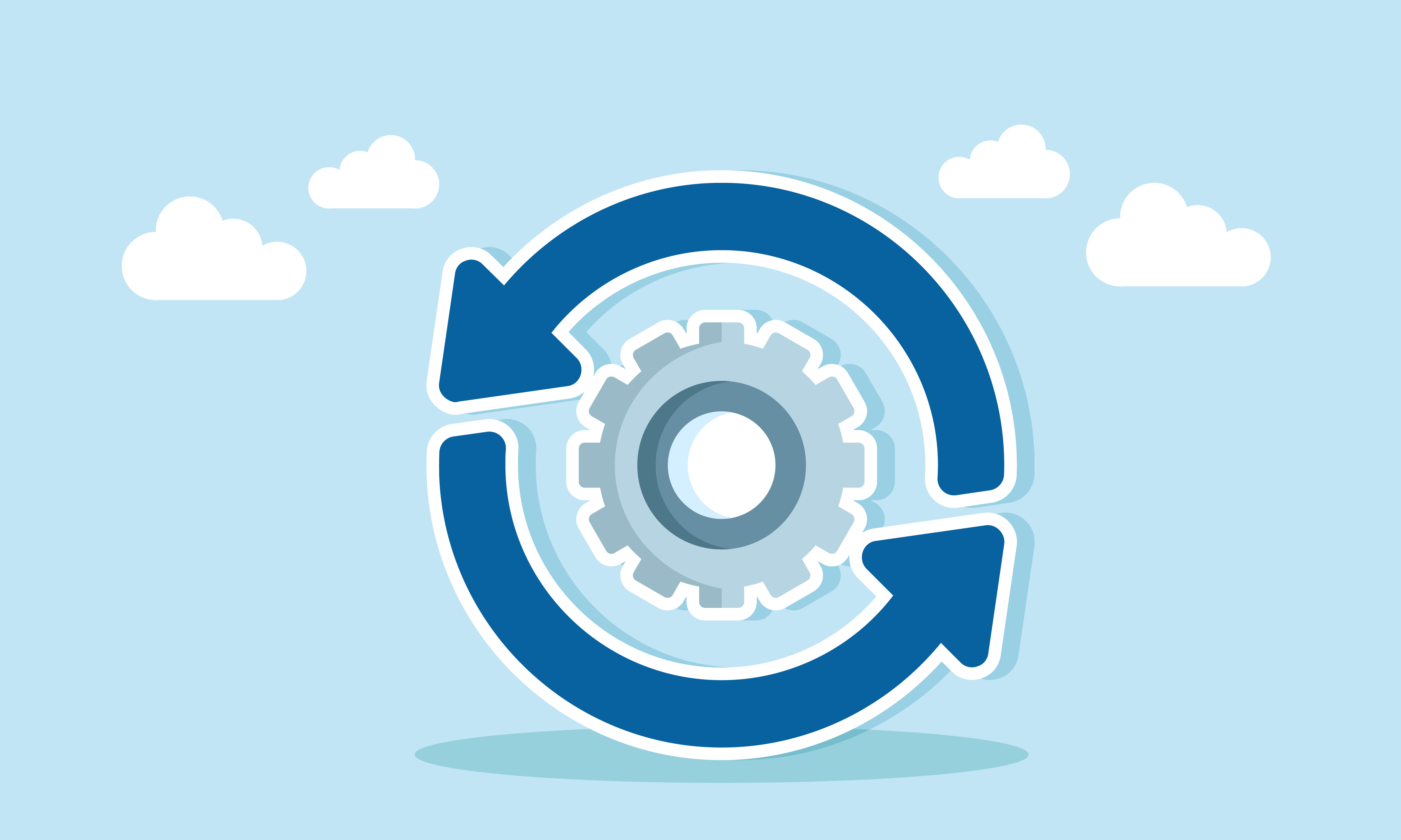 The recycle symbol surrounds a system gear, illustration of a refresh for business systems