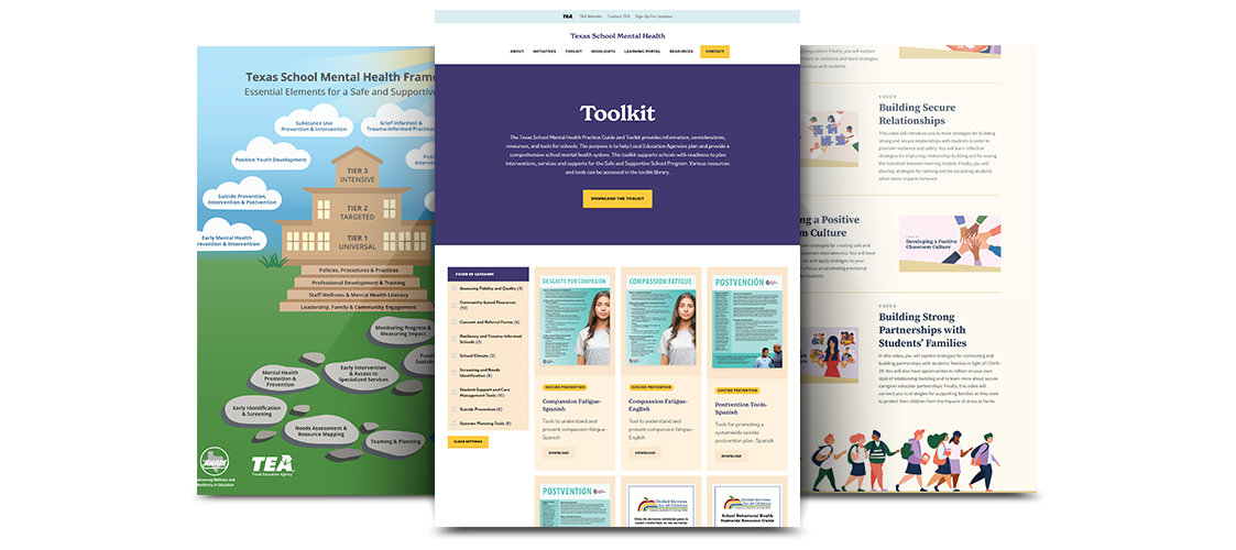 Three panels of screenshots taken from Texas School Mental Health Toolkit webpages.
