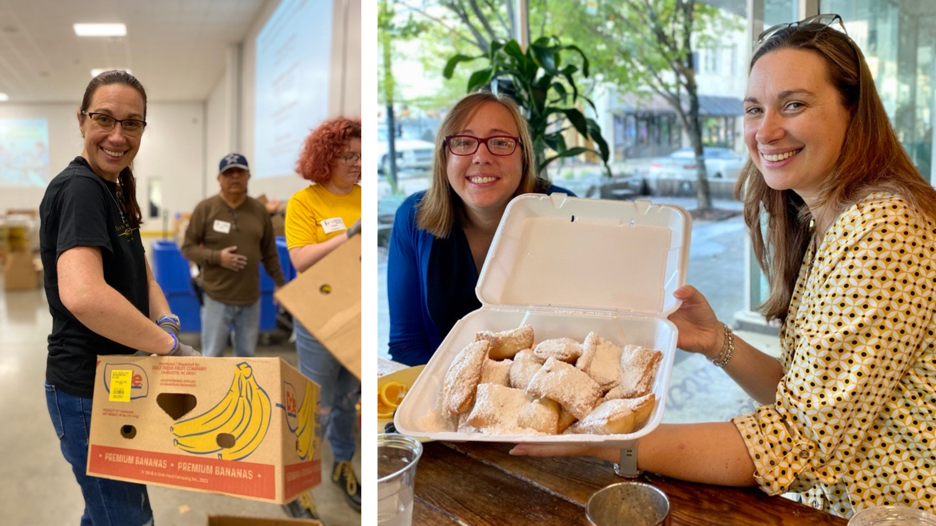 Lauren volunteering at the food bank and visiting Baton Rouge with a colleague