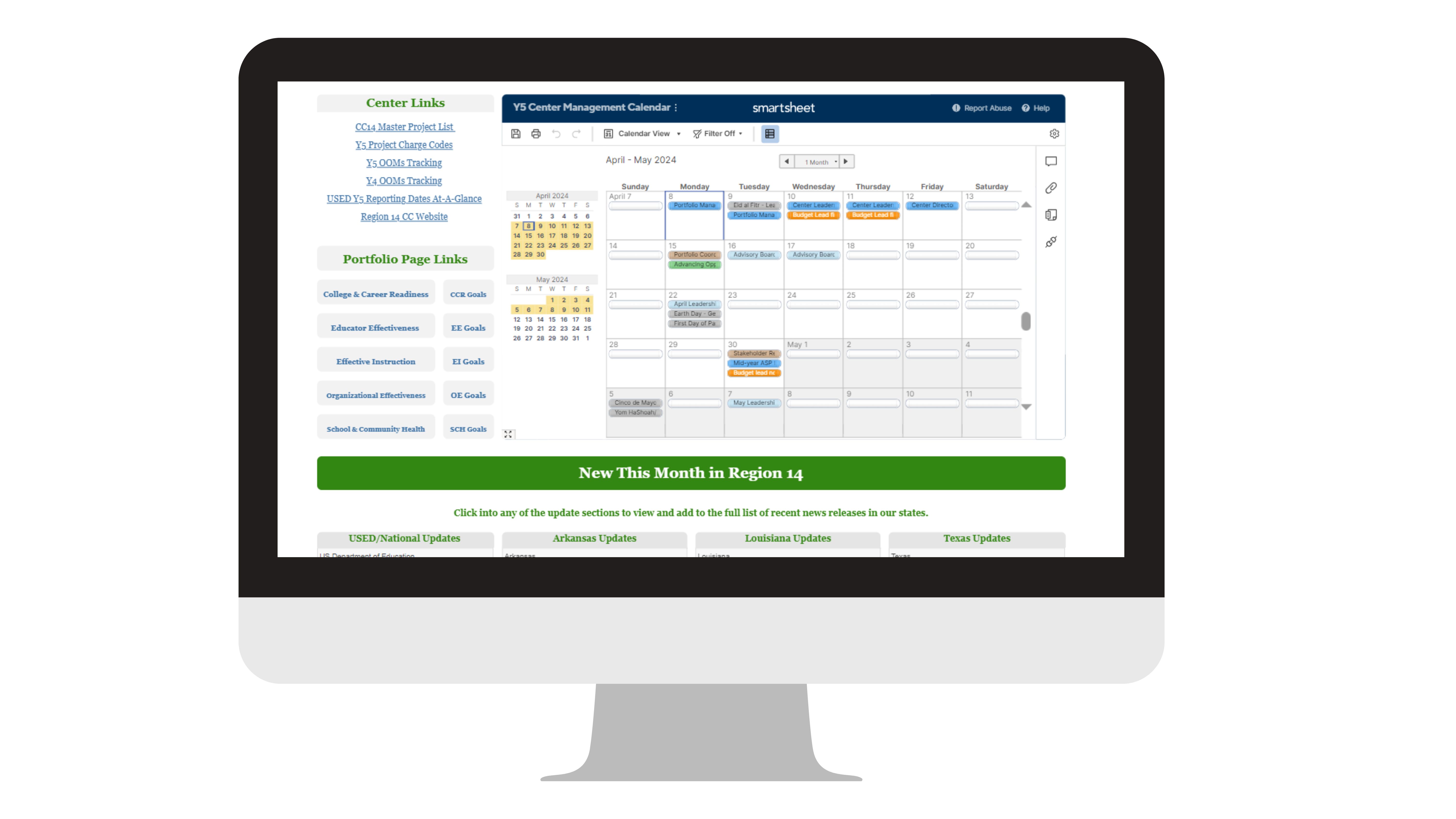 A computer screen with a Smartsheet dashboard displayed.