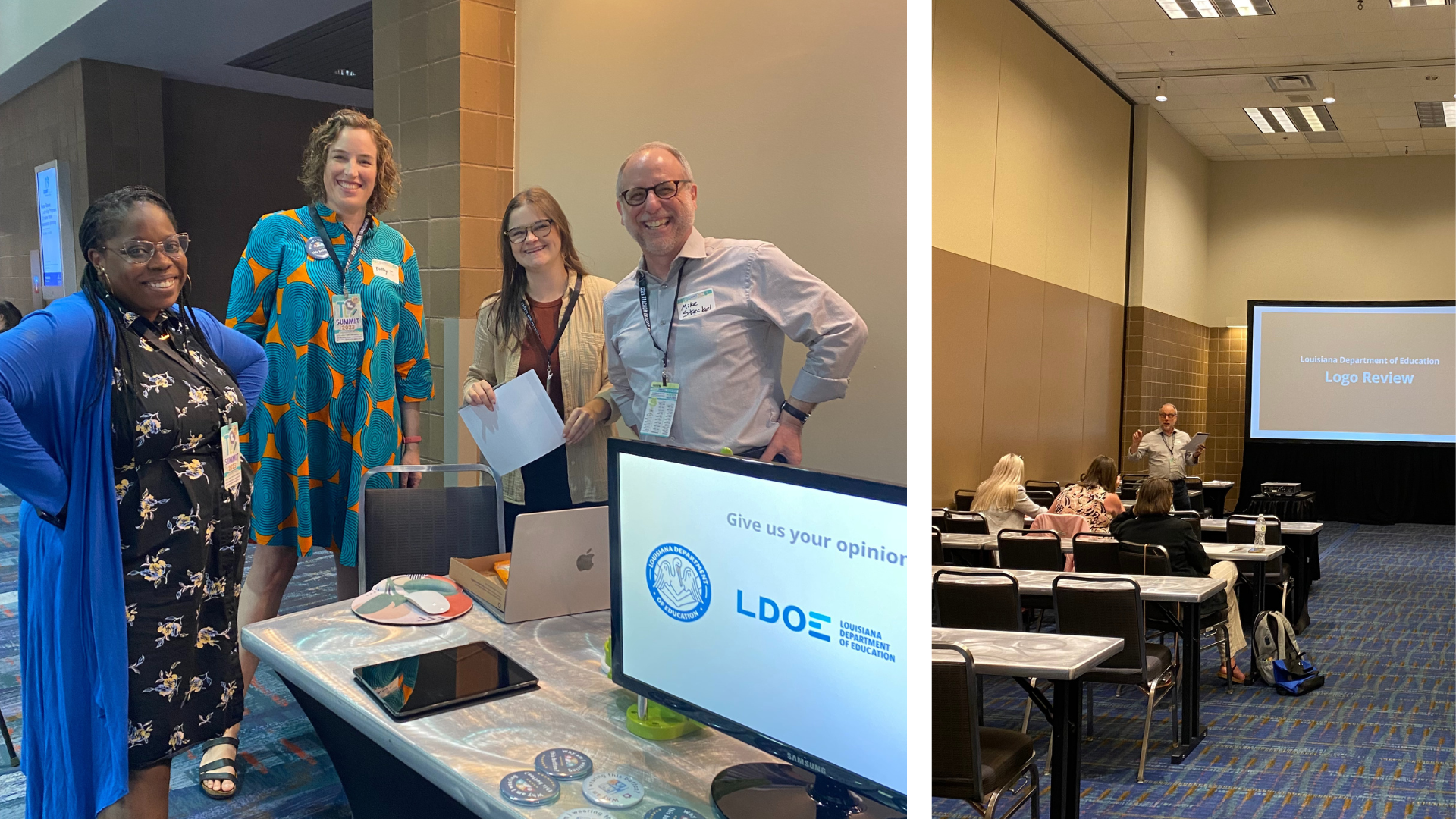 Four members of the team smiling standing at a table while getting feedback from attendees at the Louisiana teacher Summit. Also, attendees engage in a conversation during a focus group.