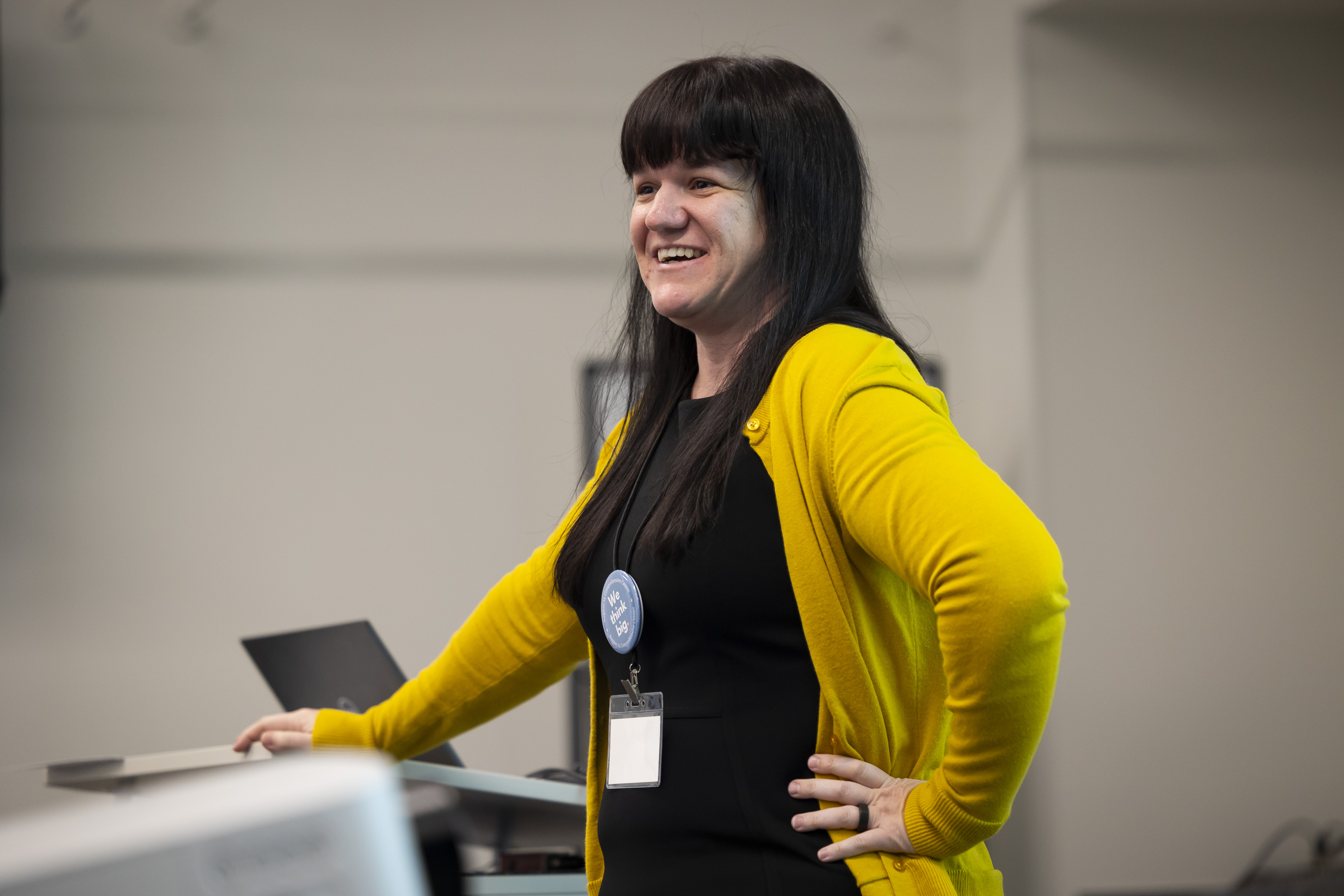 Jocelyn Franke smiles at a podium