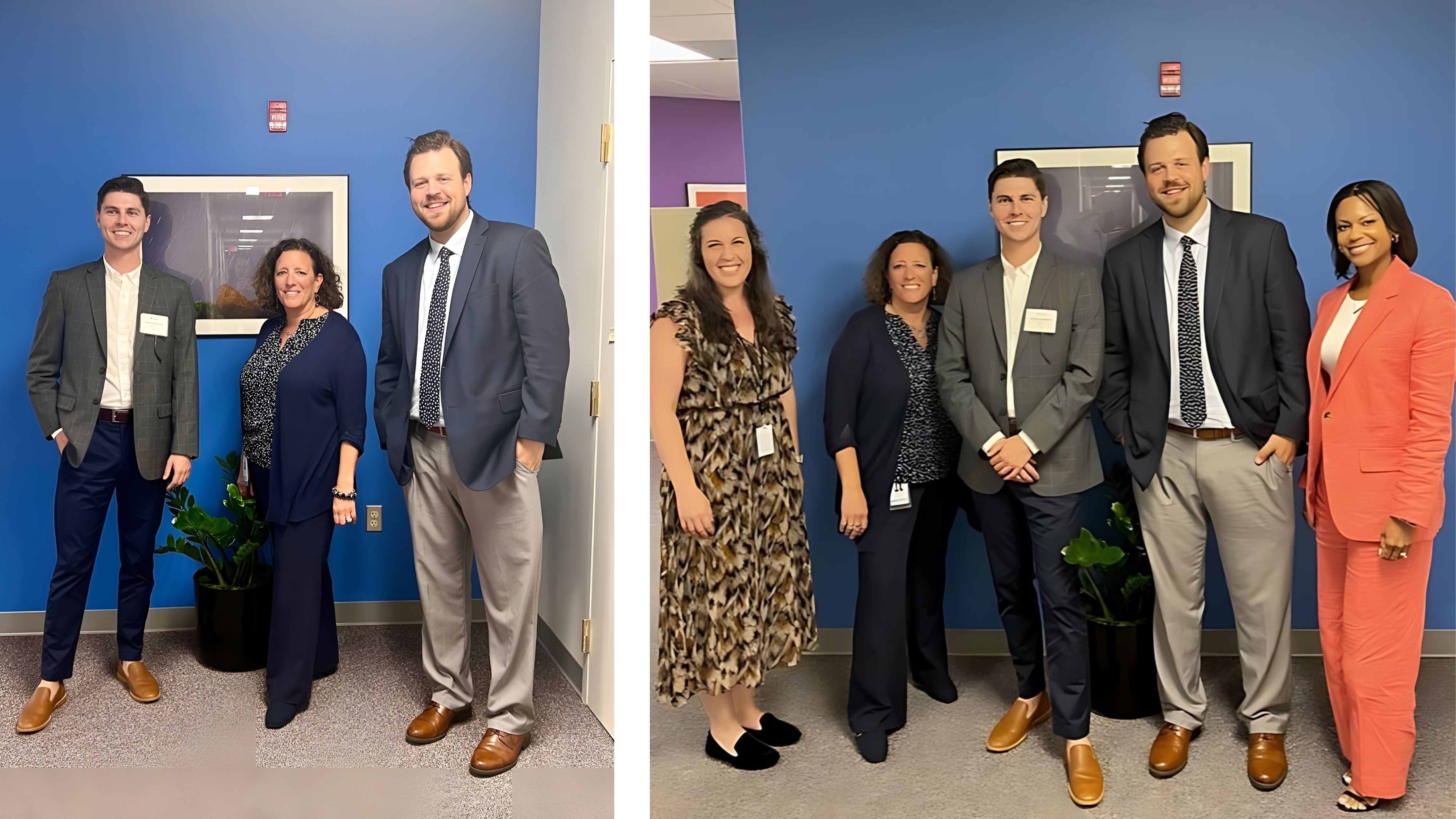 Two interns pose with education studies professionals against a blue wall