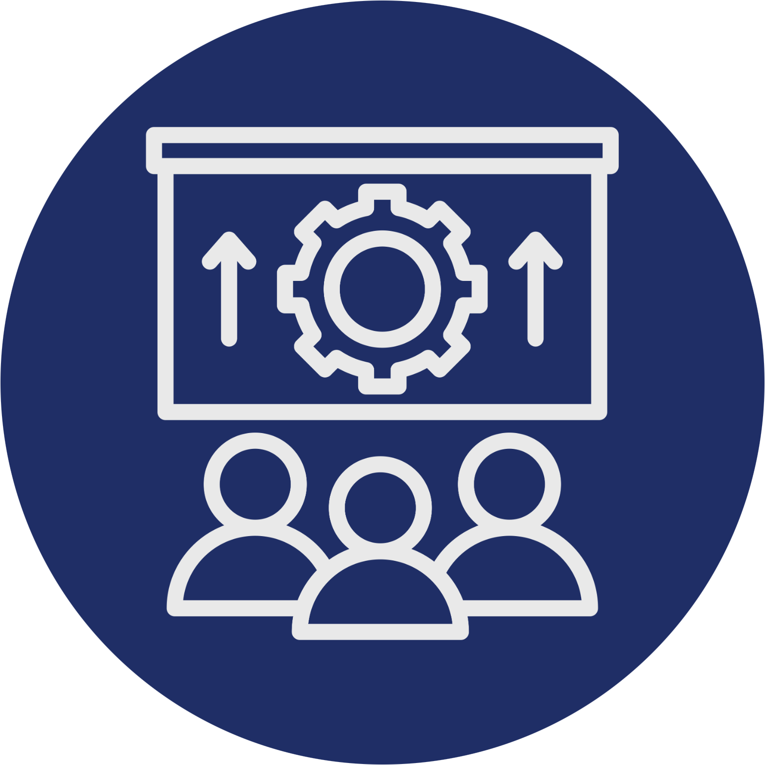 Icon of three people watching a presentation screen that shows a gear and upward arrows, representing training or capacity building.
