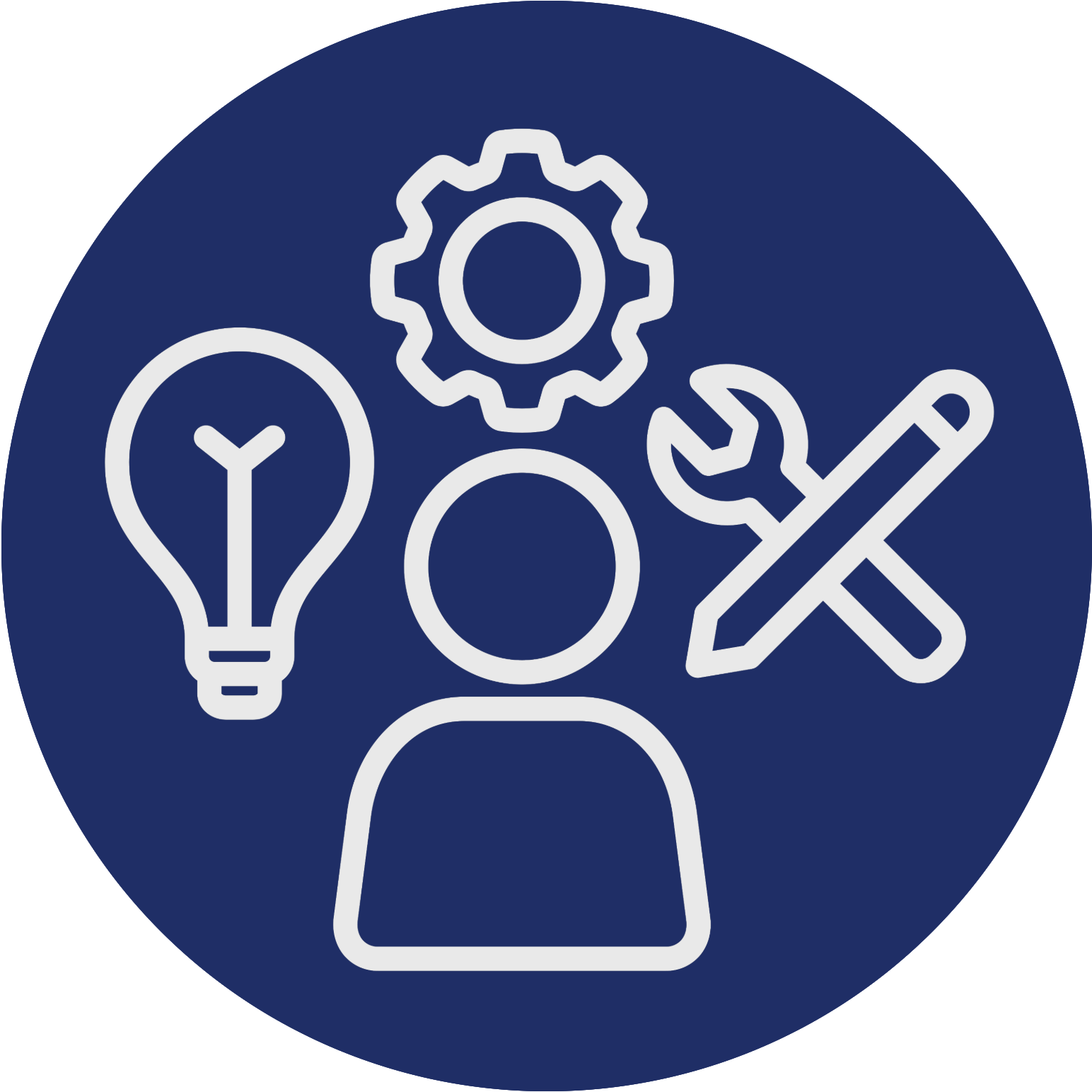 Icon of a person surrounded by a light bulb, a gear, and crossed tools, representing skills or innovation.