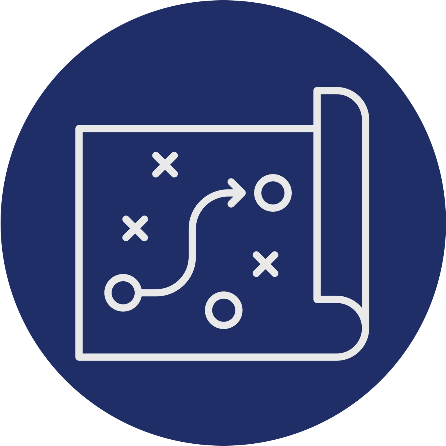 Icon of a strategy map or blueprint with circles, X marks, and an arrow path indicating planning.
