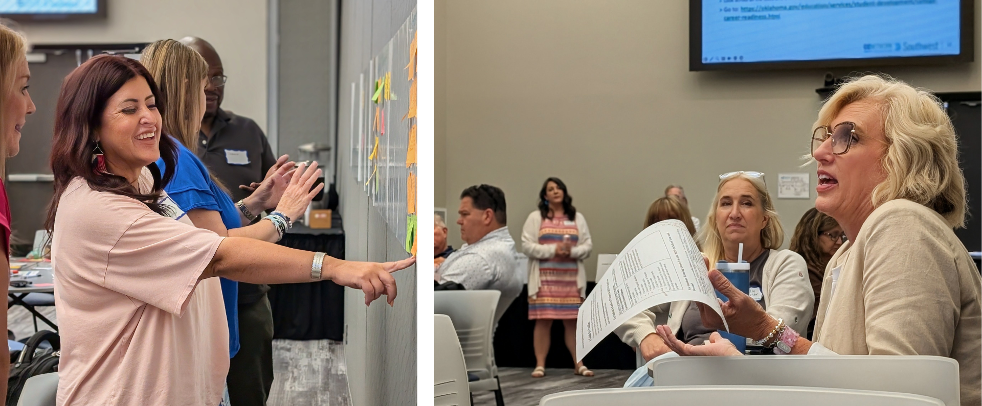 Left: Oklahoma school and district staff review and discuss brainstorming notes posted on a wall during a collaborative planning activity. Right:  1. Oklahoma school and district staff participate in a feedback session on draft state guidance related to new education legislation.