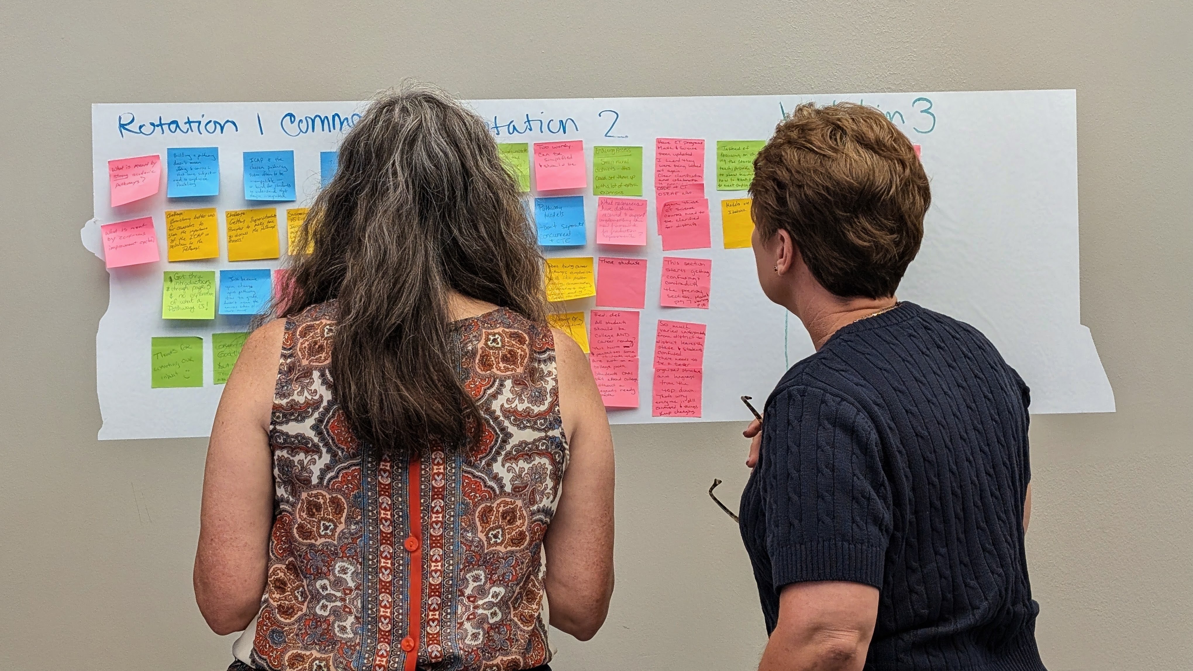 Oklahoma school and district staff review written responses on a large brainstorming chart covered with colorful sticky notes during a collaborative planning activity.