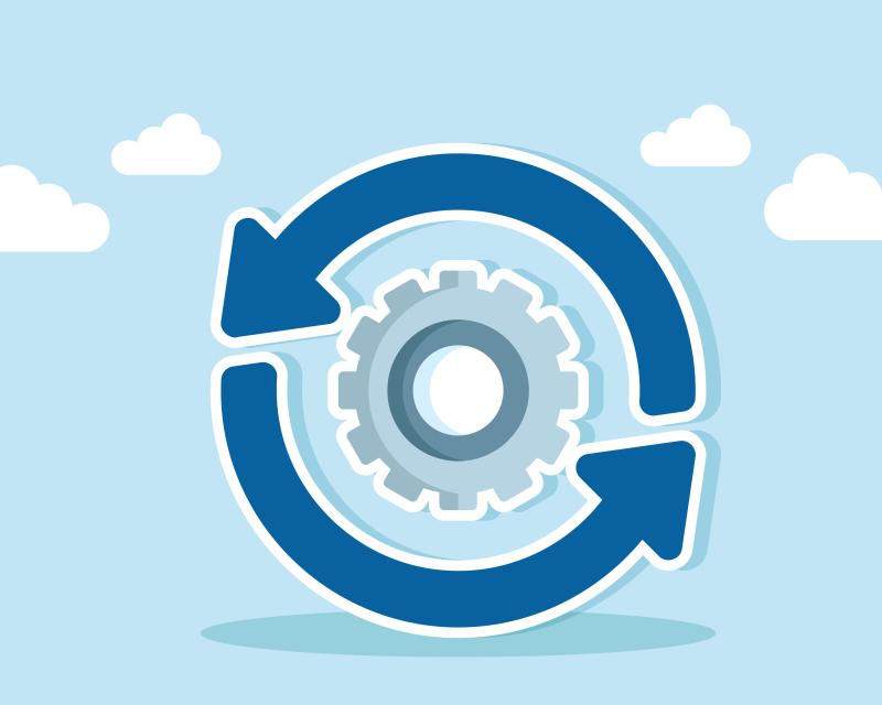 The recycle symbol surrounds a system gear, illustration of a refresh for business systems