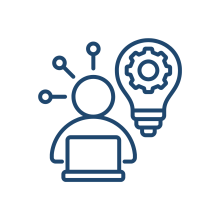 Icon of a person at a laptop with connected nodes and a lightbulb containing a gear, representing technical expertise and implementation support.
