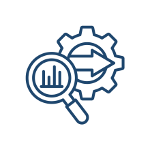 Icon of a magnifying glass over a bar chart beside a gear with a circular arrow, representing data analysis and benchmarking across systems.