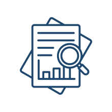Icon of a document with text lines and a bar chart, overlaid with a magnifying glass, representing research and policy analysis.