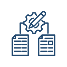 Icon of two documents connected by a gear and pencil, representing structured tools, models, and repeatable frameworks.
