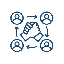 Icon of two clasped hands in the center surrounded by people icons and arrows, representing collaboration or teamwork.
