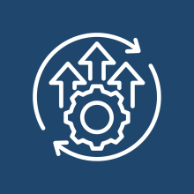 Icon of a gear with upward arrows inside a circular loop, representing continuous improvement and system performance.