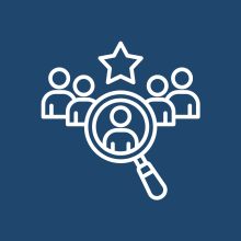 Icon of multiple people with a magnifying glass highlighting one figure and a star above, representing educator workforce and leadership.