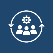 Icon of a group of people inside a circular loop with a gear above, representing organizational effectiveness and coordinated systems.