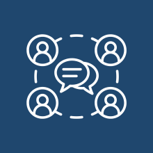 Icon of four people connected around speech bubbles, representing community engagement and inclusive education.