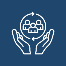 Icon of hands holding a group of people inside a circular loop, representing student support and care systems.