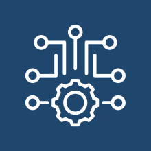 Icon of connected nodes above a gear, representing technology systems, data integration, and AI readiness.