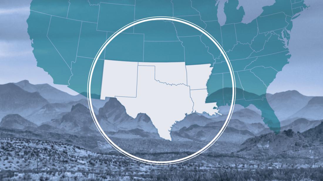 Graphic outline of the United States with Arkansas, Louisiana, New Mexico, Oklahoma, and Texas highlighted