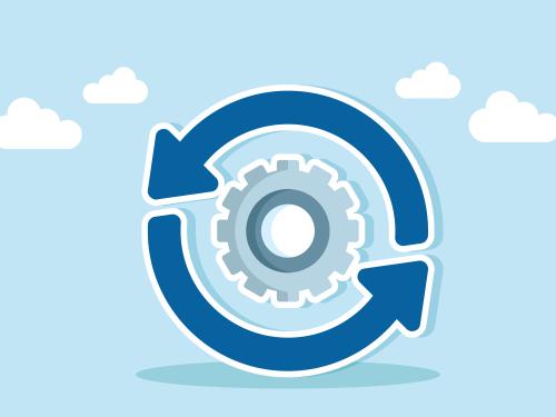 The recycle symbol surrounds a system gear, illustration of a refresh for business systems