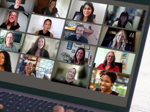 A zoom computer screen with a blue gradient overlay